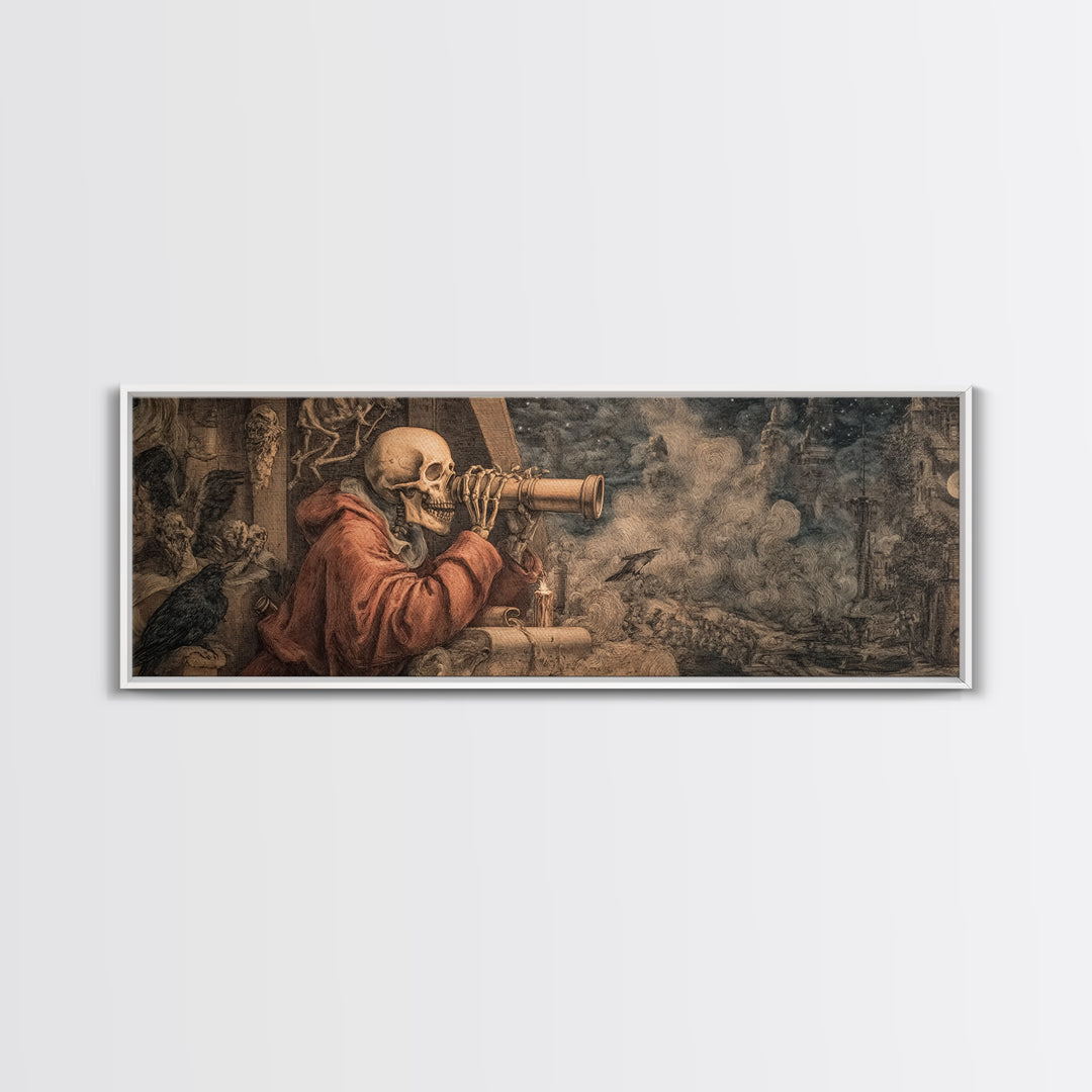 The Skull Astronomer, Medieval Grotesque Art, Extra Wide Wall Art, Dark Fantasy Wall Art, Framed Canvas Print, Halloween Wall Art
