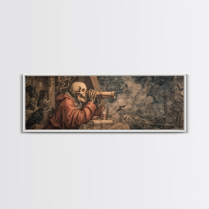 The Skull Astronomer, Medieval Grotesque Art, Extra Wide Wall Art, Dark Fantasy Wall Art, Framed Canvas Print, Halloween Wall Art