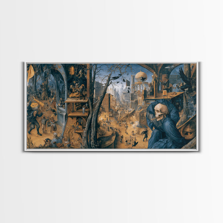 The Skull Astronomer, Northern Renaissance Horror, Wide Panoramic Art, Dark Fantasy Wall Art, Framed Canvas Print