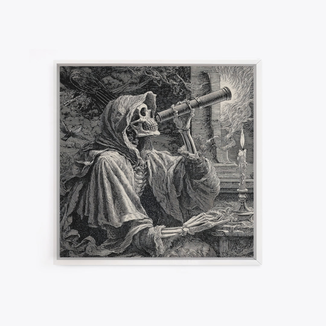 The Skull Astronomer, Renaissance Engraving Art, Square Wall Art, Dark Fantasy Wall Art, Framed Canvas Print, Halloween Wall Art