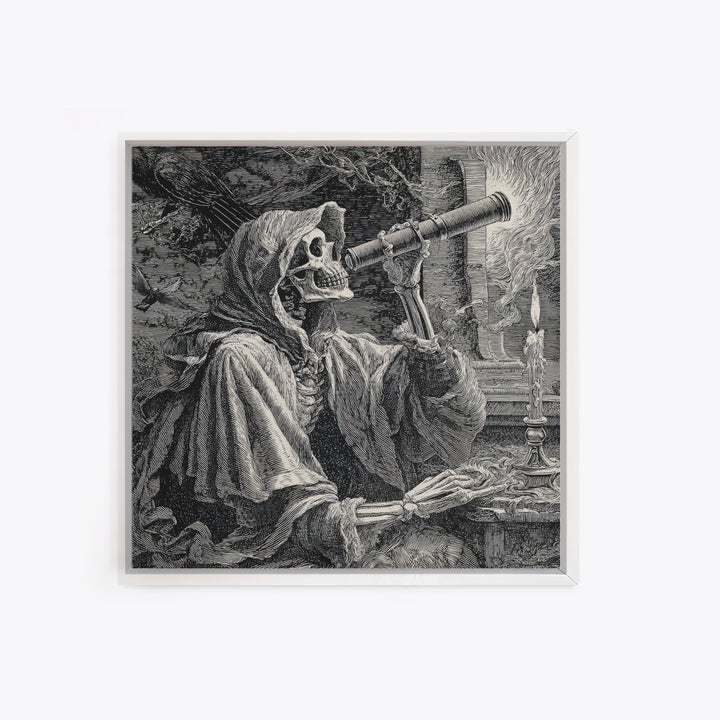 The Skull Astronomer, Renaissance Engraving Art, Square Wall Art, Dark Fantasy Wall Art, Framed Canvas Print, Halloween Wall Art