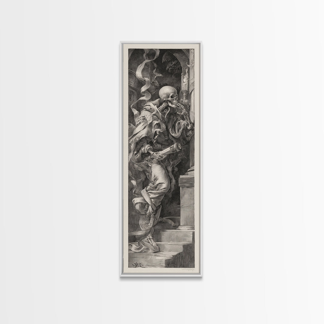 The Skull Astronomer, Architectural Etching Art, Tall Narrow Wall Art, Gothic Horror Wall Art, Framed Canvas Print