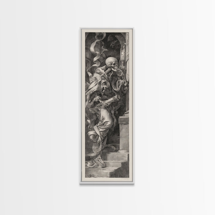 The Skull Astronomer, Architectural Etching Art, Tall Narrow Wall Art, Gothic Horror Wall Art, Framed Canvas Print