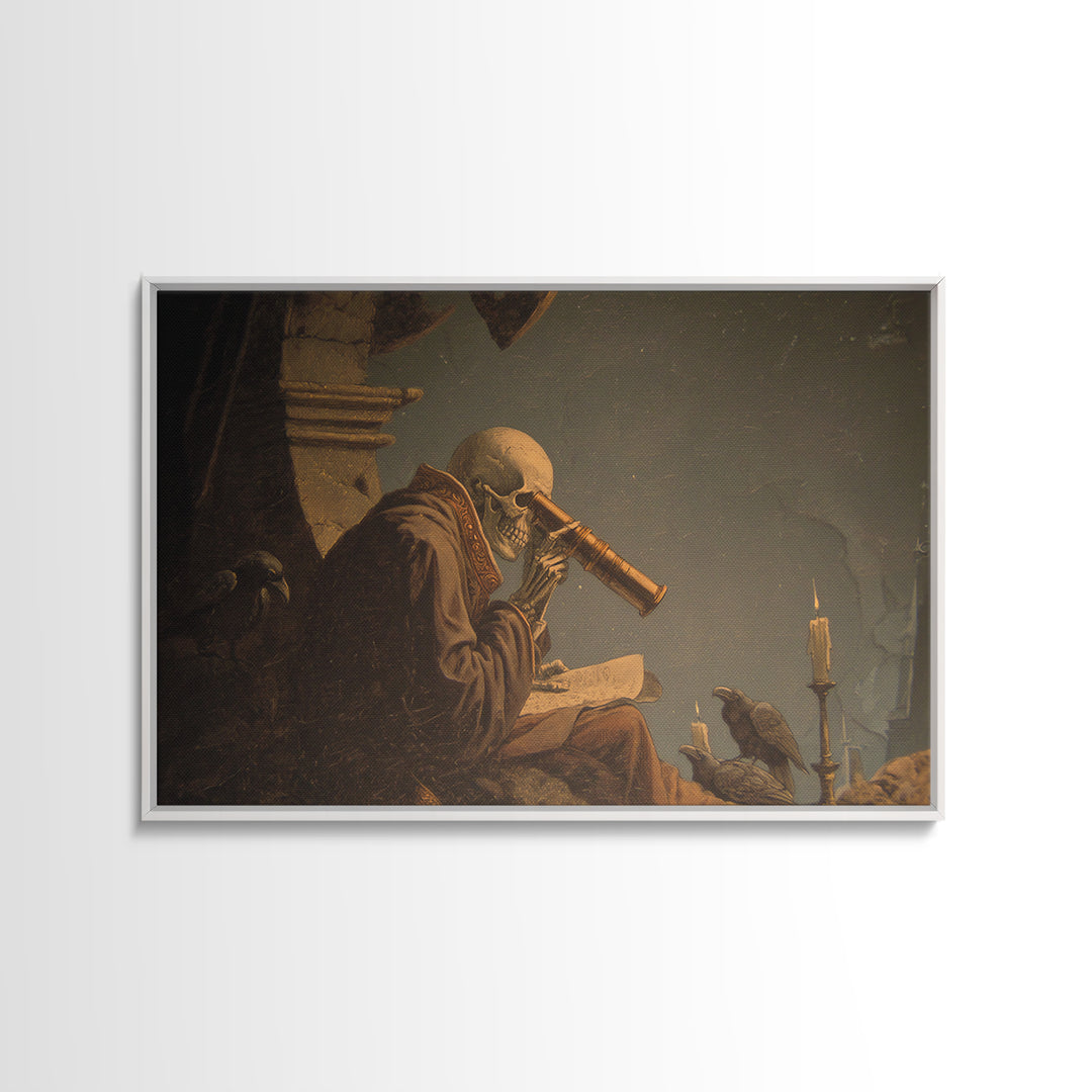 The Skull Astronomer, Romantic Gothic Landscape, Landscape Wall Art, Macabre Wall Art, Framed Canvas Print, Halloween Wall Art