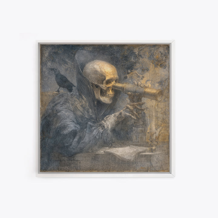 The Skull Astronomer, Symbolist Dream Art, Square Wall Art, Dark Fantasy Wall Art, Framed Canvas Print, Halloween Wall Art