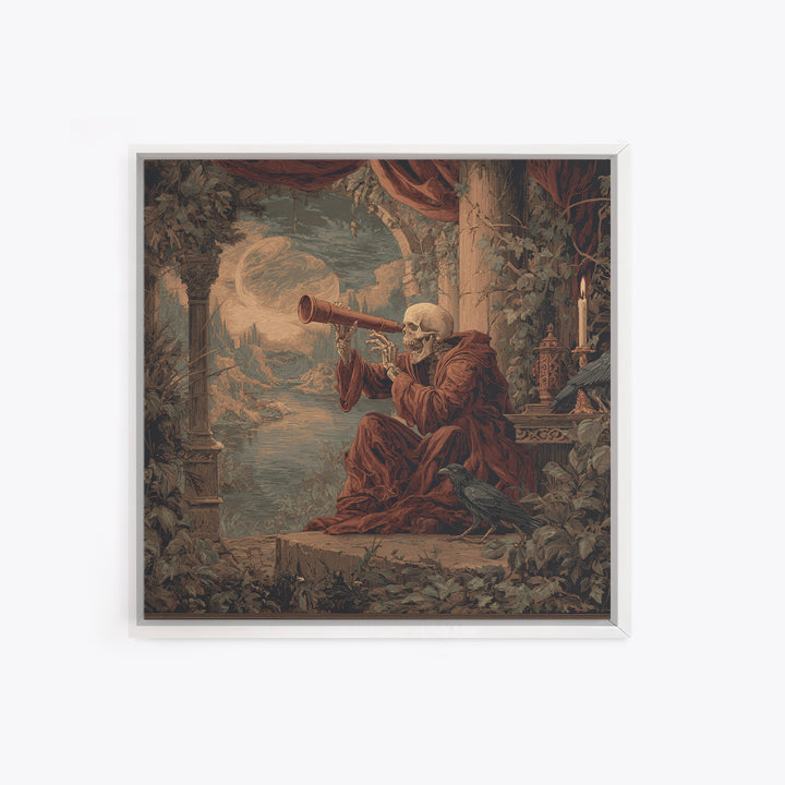 The Skull Astronomer, Symbolist Gothic Landscape, Square Wall Art, Dark Halloween Decor, Canvas Print, Halloween Wall Art