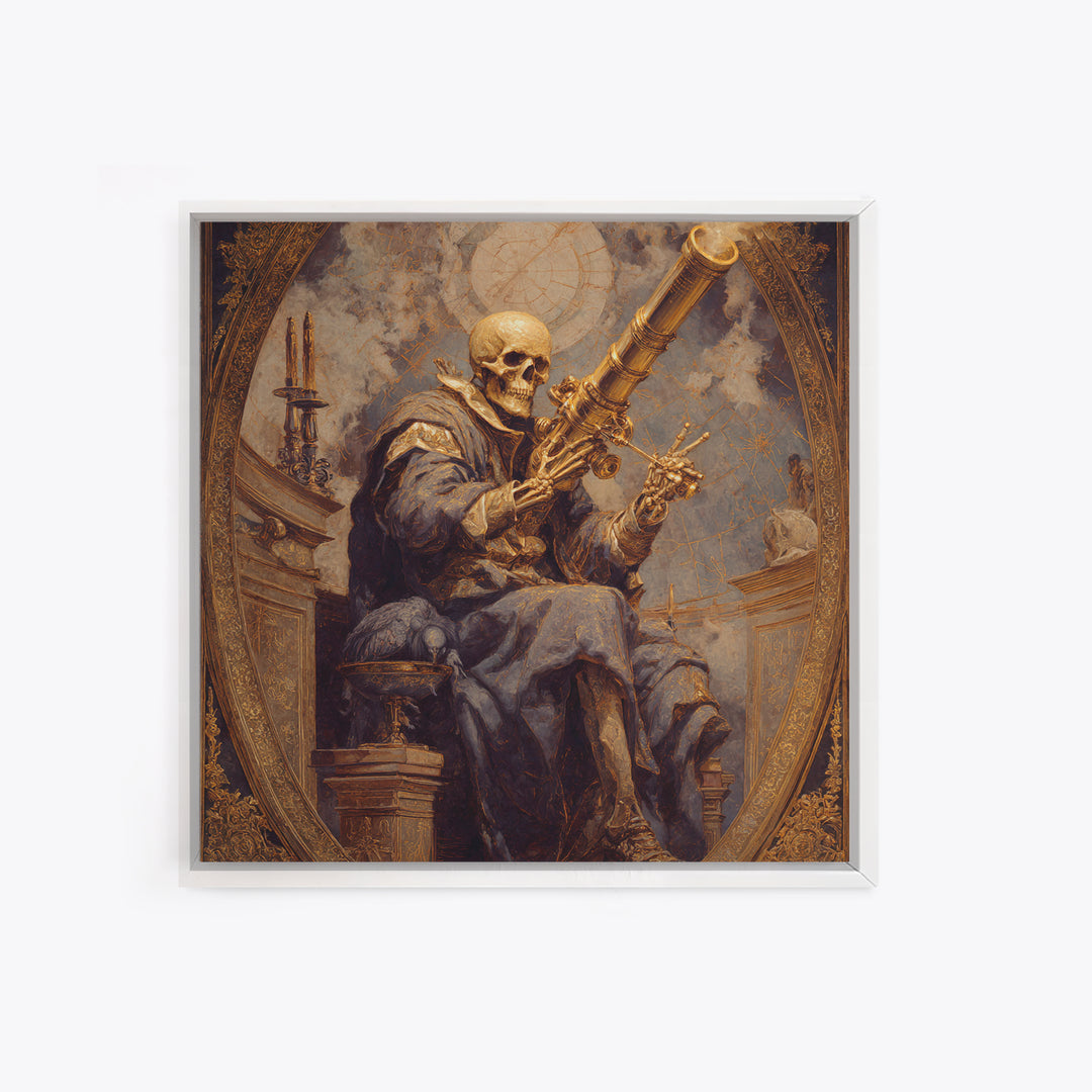 The Skull Astronomer, Ornate Symbolist Art, Square Wall Art, Macabre Wall Art, Framed Canvas Print, Halloween Wall Art