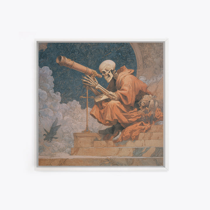 The Skull Astronomer, Symbolist Death Art, Square Wall Art, Dark Halloween Decor, Canvas Print, Halloween Wall Art