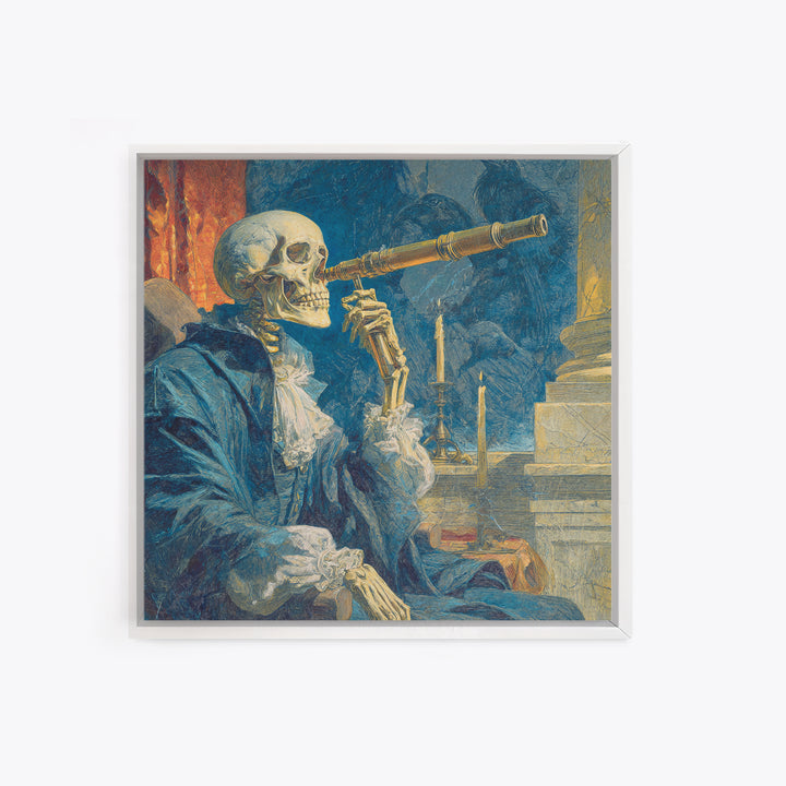 The Skull Astronomer, Symbolist Etching Art, Square Wall Art, Dark Fantasy Wall Art, Framed Canvas Print, Halloween Wall Art