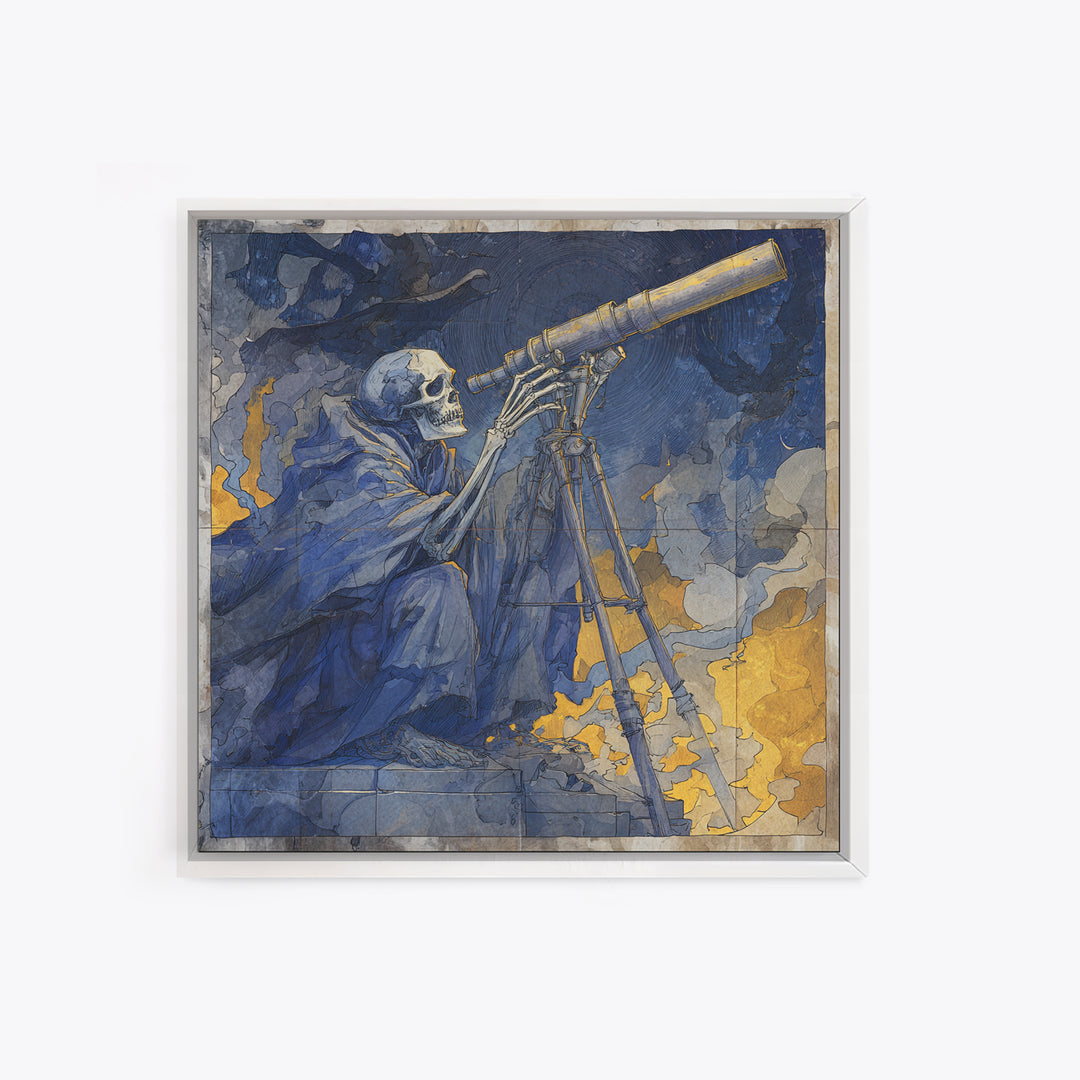 The Skull Astronomer, Expressionist Gothic Art, Square Wall Art, Gothic Horror Wall Art, Framed Canvas Print, Halloween Wall Art