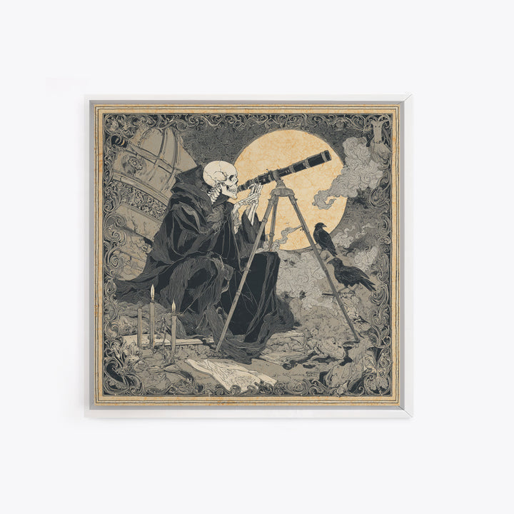 The Skull Astronomer, Decadent Line Art, Square Wall Art, Dark Fantasy Wall Art, Framed Canvas Print, Halloween Wall Art