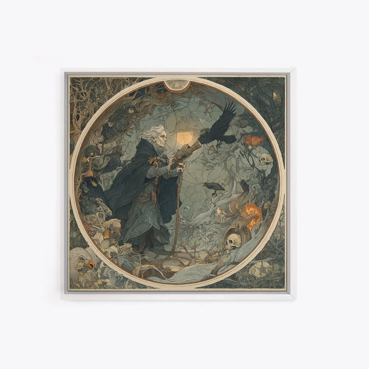 The Skull Astronomer, Gothic Storybook Art, Square Wall Art, Macabre Wall Art, Framed Canvas Print, Halloween Wall Art