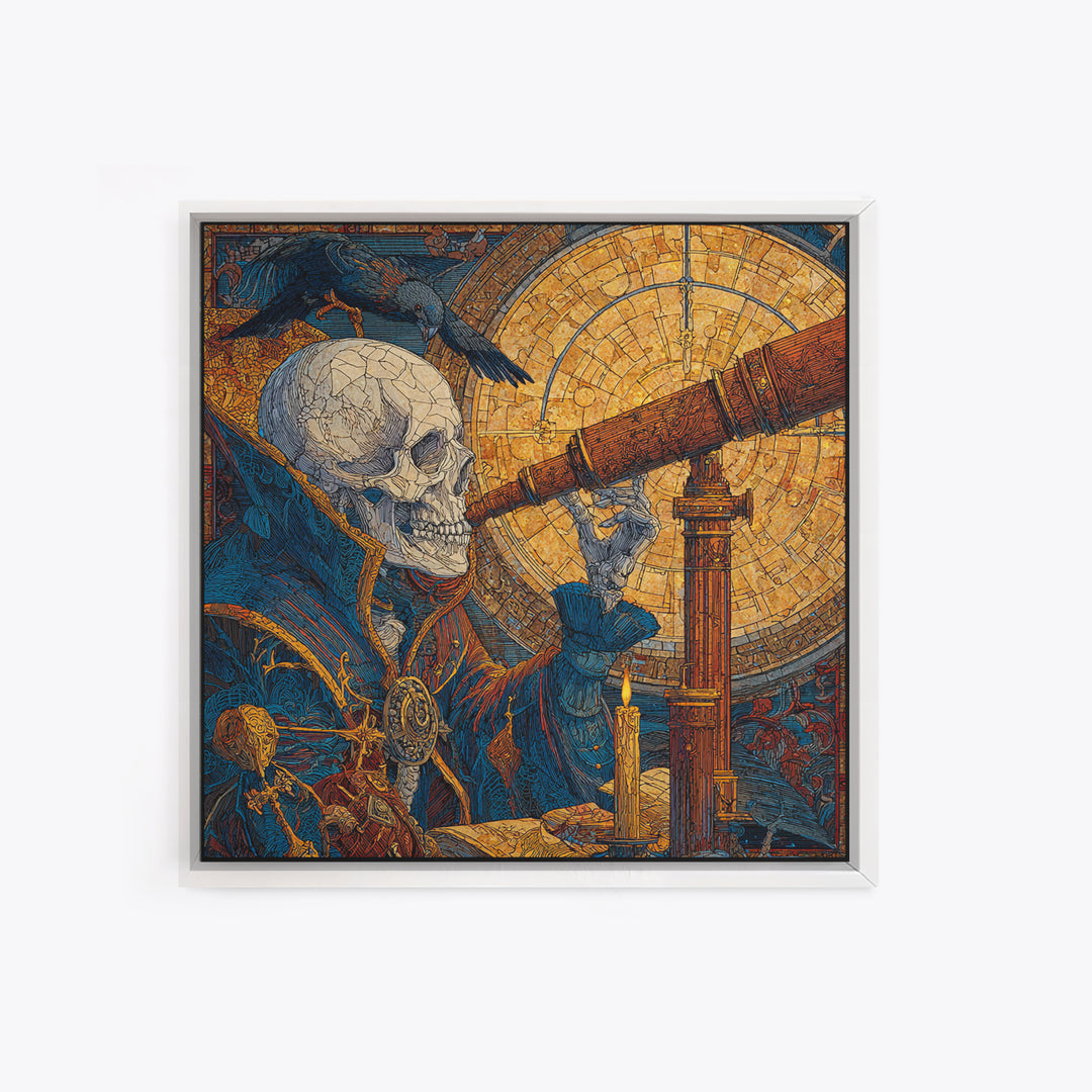 The Skull Astronomer, Stained Glass Gothic Art, Square Wall Art, Dark Halloween Decor, Canvas Print, Halloween Wall Art, Statement Wall Art