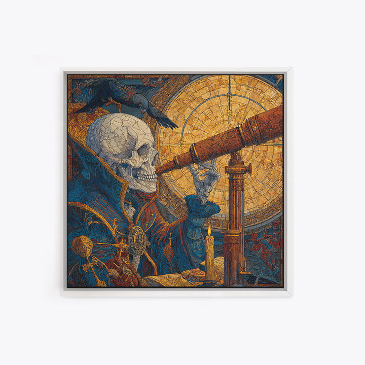 The Skull Astronomer, Stained Glass Gothic Art, Square Wall Art, Dark Halloween Decor, Canvas Print, Halloween Wall Art, Statement Wall Art