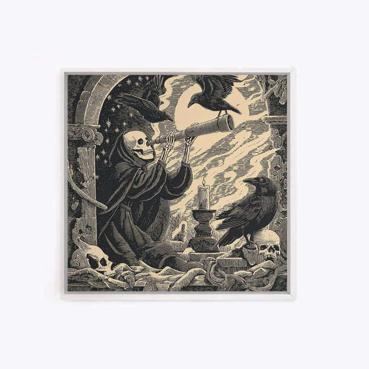 The Skull Astronomer, Macabre Folk Print Art, Square Wall Art, Gothic Horror Wall Art, Framed Canvas Print, Halloween Wall Art