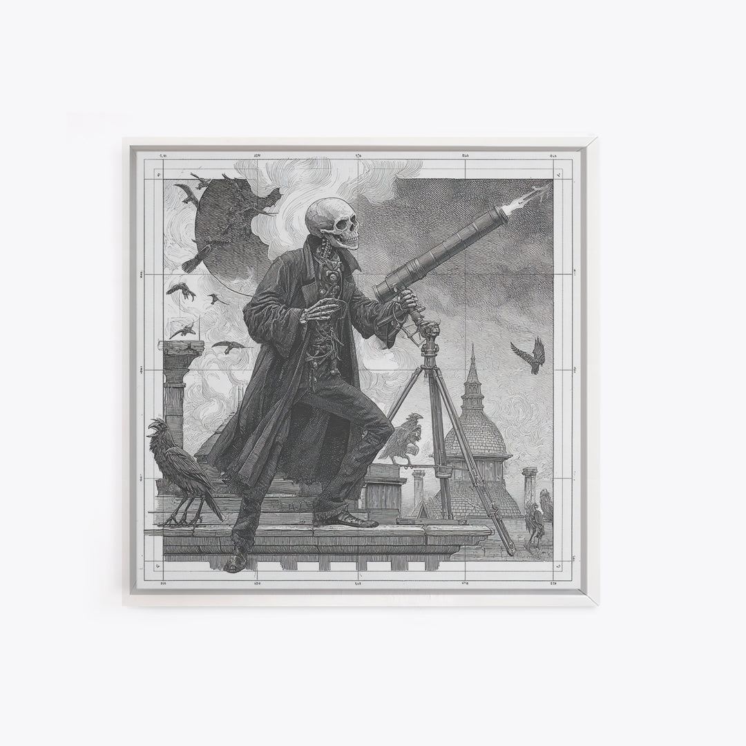 The Skull Astronomer, Victorian Macabre Art, Square Wall Art, Macabre Wall Art, Framed Canvas Print, Halloween Wall Art