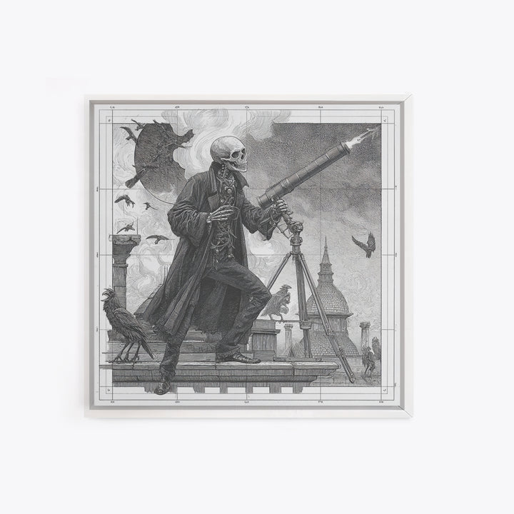 The Skull Astronomer, Victorian Macabre Art, Square Wall Art, Macabre Wall Art, Framed Canvas Print, Halloween Wall Art