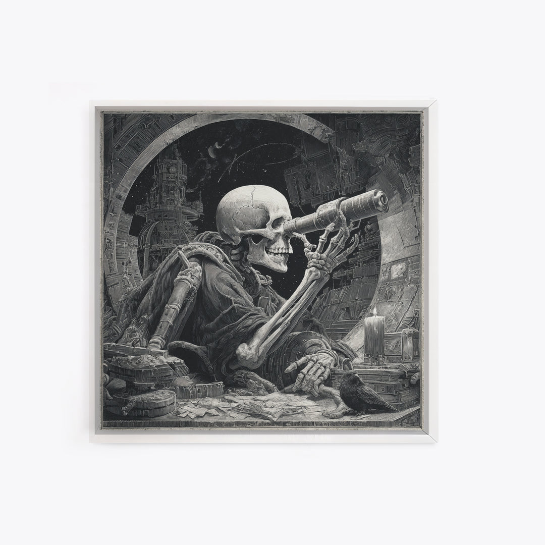 The Skull Astronomer, Biomechanical Horror Art, Square Wall Art, Dark Halloween Decor, Canvas Print, Halloween Wall Art