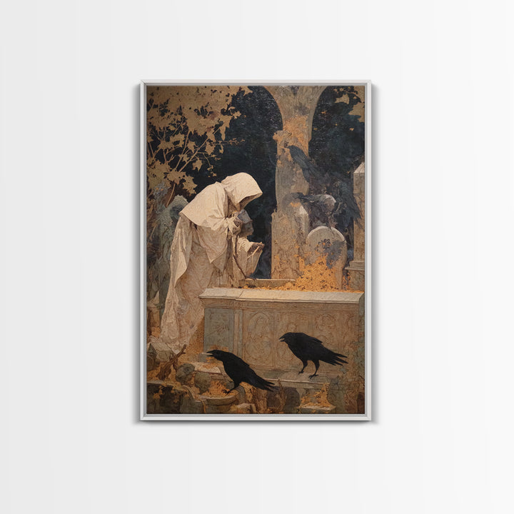 The Cemetery Beekeeper, Symbolist Etching Art, Vertical Wall Art, Dark Fantasy Wall Art, Framed Canvas Print, Halloween Wall Art