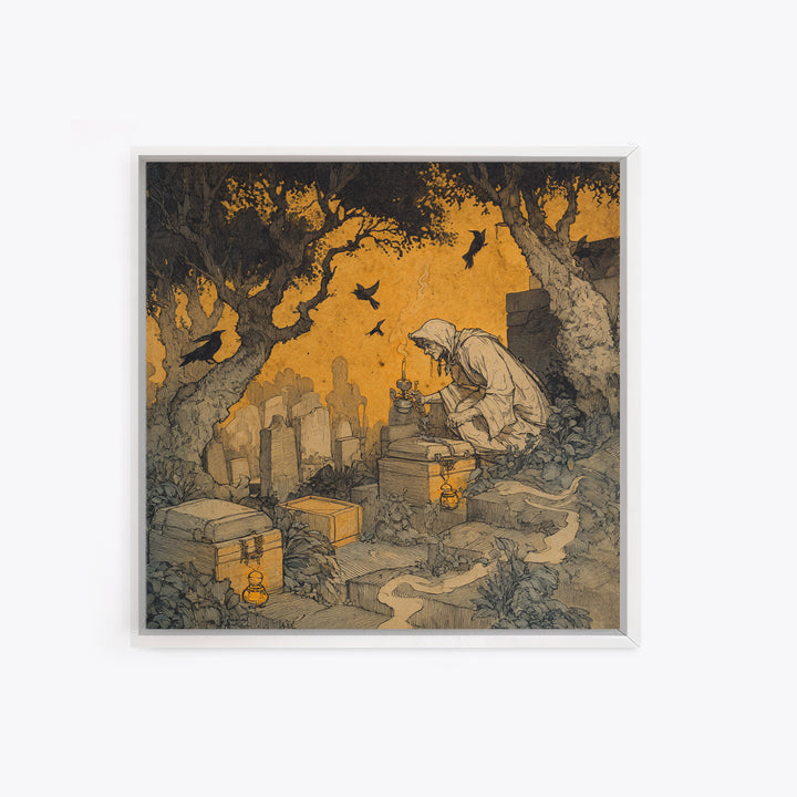 The Cemetery Beekeeper, Gothic Storybook Art, Square Wall Art, Dark Halloween Decor, Canvas Print, Halloween Wall Art