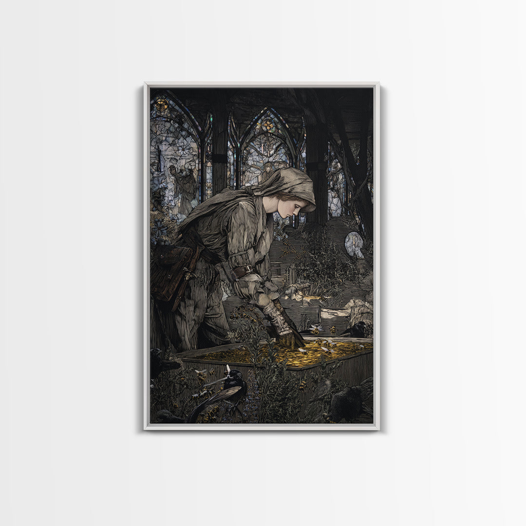 The Cemetery Beekeeper, Stained Glass Gothic Art, Vertical Wall Art, Dark Halloween Decor, Framed Canvas Print, Halloween Wall Art