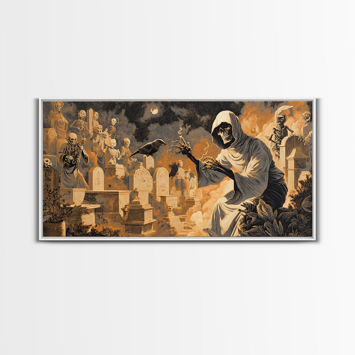 The Cemetery Beekeeper, Macabre Folk Print Art, Wide Panoramic Art, Dark Fantasy Wall Art, Canvas Print, Halloween Wall Art