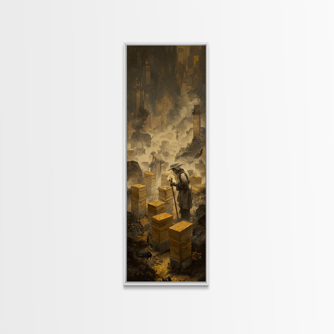 The Cemetery Beekeeper, Surreal Apocalyptic Art, Tall Narrow Wall Art, Dark Fantasy Wall Art, Framed Canvas Print, Macabre Wall Art