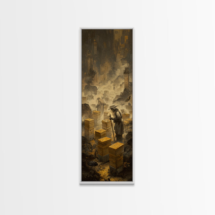The Cemetery Beekeeper, Surreal Apocalyptic Art, Tall Narrow Wall Art, Dark Fantasy Wall Art, Framed Canvas Print, Macabre Wall Art