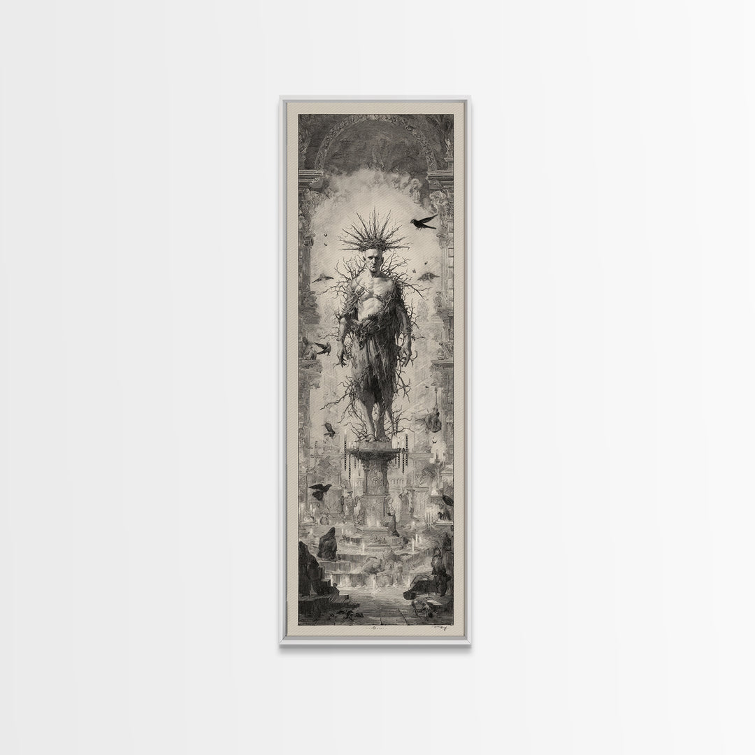 The Thorn-Crowned King, Architectural Etching Art, Tall Narrow Wall Art, Gothic Horror Wall Art, Canvas Print