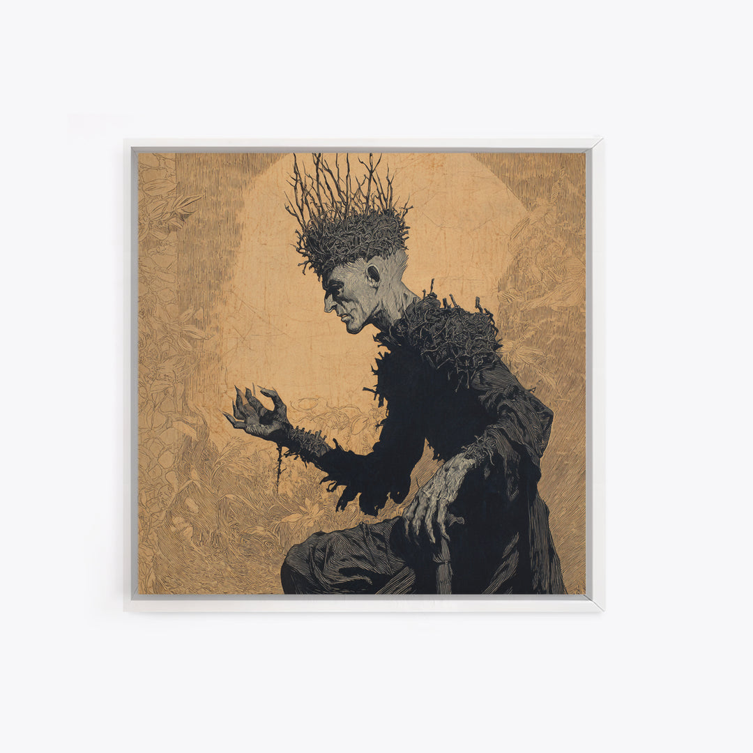 The Thorn-Crowned King, Symbolist Etching Art, Square Wall Art, Dark Halloween Decor, Framed Canvas Print, Halloween Wall Art