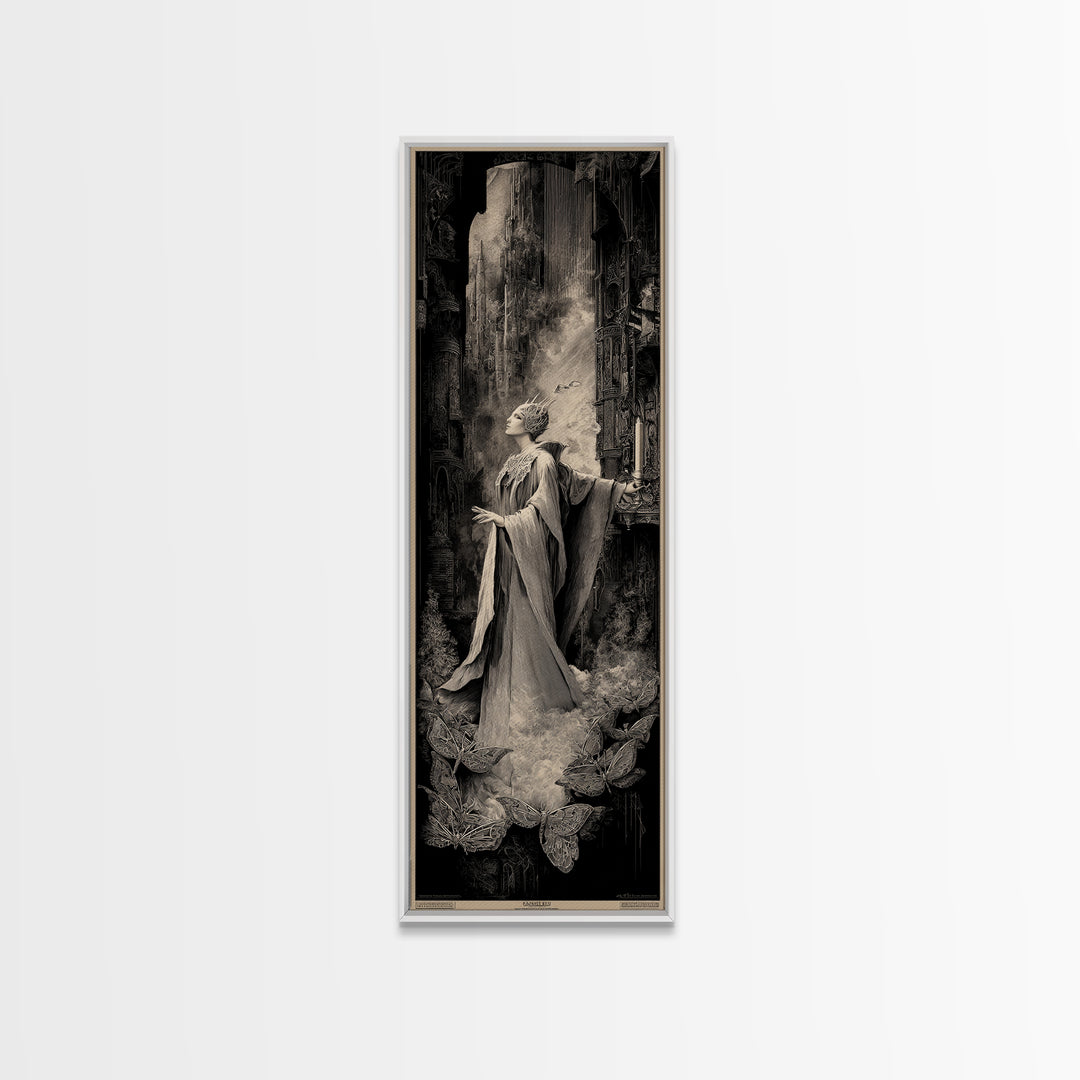 The Moth-Winged Empress, Gothic Engraving Art, Tall Narrow Wall Art, Dark Fantasy Wall Art, Framed Canvas Print, Halloween Wall Art