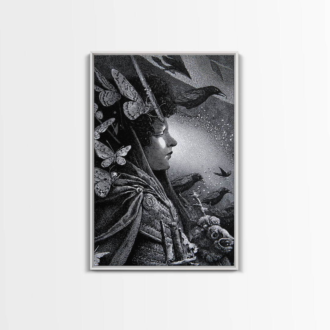 The Moth-Winged Empress, Renaissance Engraving Art, Vertical Wall Art, Macabre Wall Art, Framed Canvas Print, Halloween Wall Art