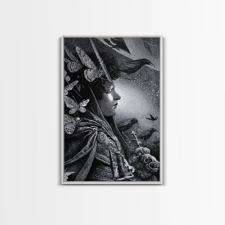 The Moth-Winged Empress, Renaissance Engraving Art, Vertical Wall Art, Macabre Wall Art, Framed Canvas Print, Halloween Wall Art