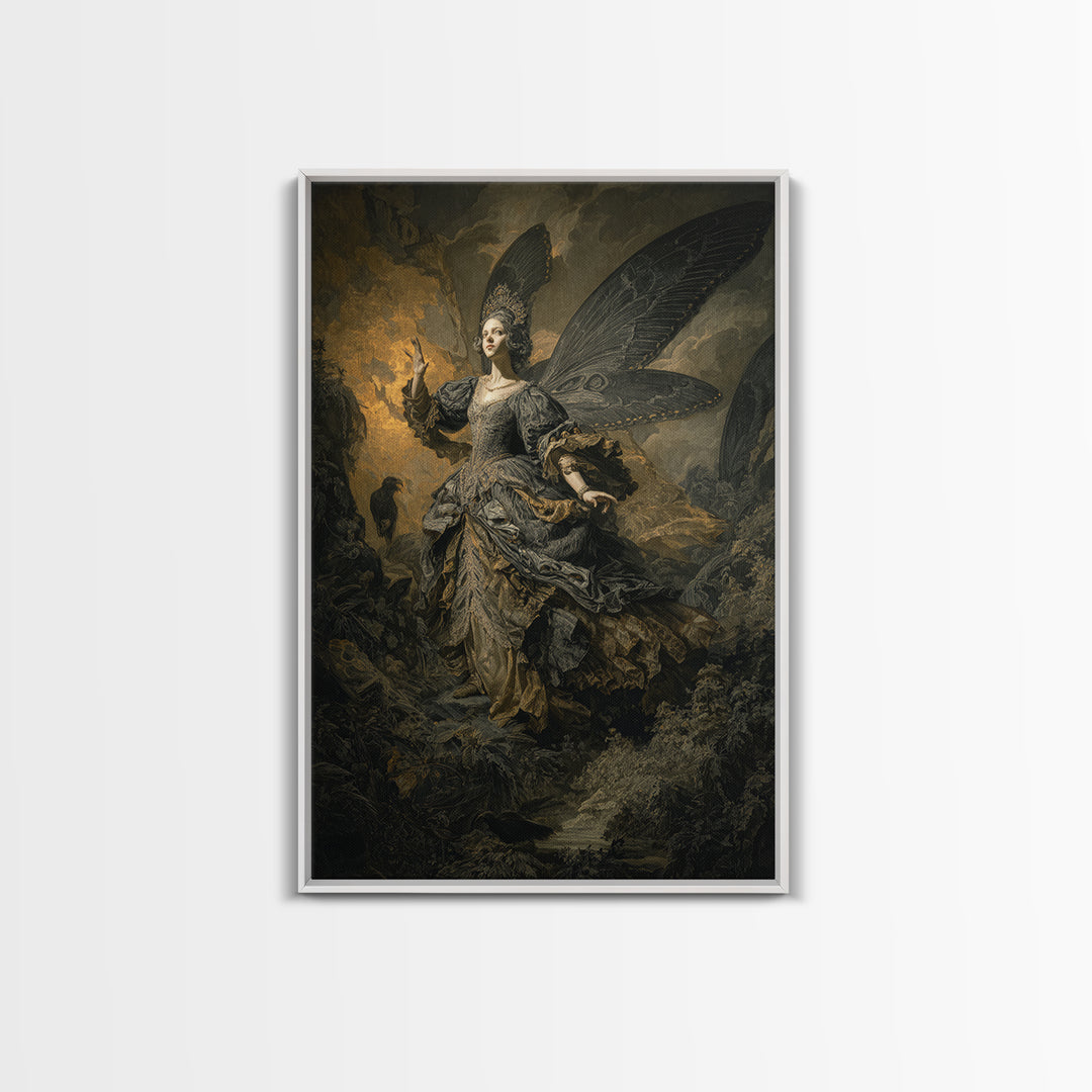 The Moth-Winged Empress, Baroque Witchcraft Art, Vertical Wall Art, Dark Halloween Decor, Framed Canvas Print, Halloween Wall Art