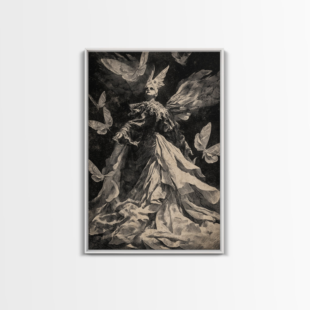 The Moth-Winged Empress, Dark Romantic Horror Art, Vertical Wall Art, Dark Fantasy Wall Art, Framed Canvas Print, Halloween Wall Art