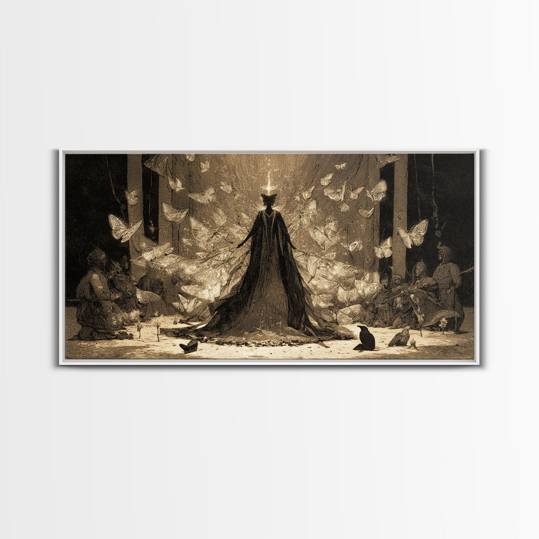 The Moth-Winged Empress, Expressionist Nightmare Art, Wide Panoramic Art, Dark Halloween Decor, Framed Canvas Print, Halloween Wall Art
