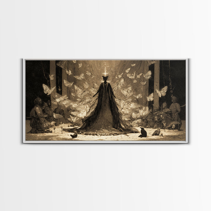 The Moth-Winged Empress, Expressionist Nightmare Art, Wide Panoramic Art, Dark Halloween Decor, Framed Canvas Print, Halloween Wall Art
