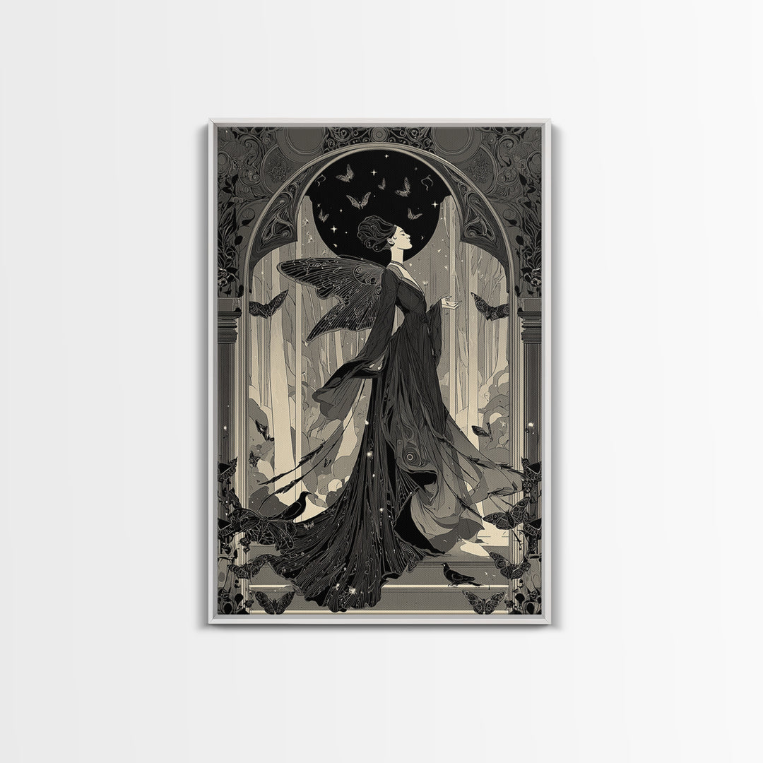The Moth-Winged Empress, Decadent Line Art, Vertical Wall Art, Gothic Horror Wall Art, Framed Canvas Print, Halloween Wall Art