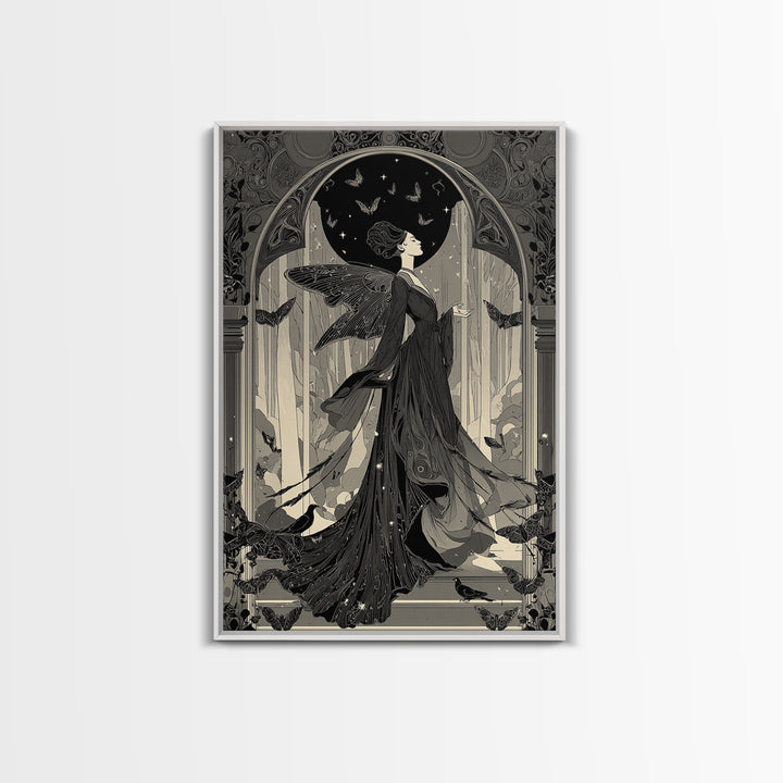The Moth-Winged Empress, Decadent Line Art, Vertical Wall Art, Gothic Horror Wall Art, Framed Canvas Print, Halloween Wall Art