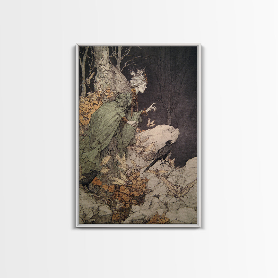 The Moth-Winged Empress, Gothic Storybook Art, Vertical Wall Art, Macabre Wall Art, Framed Canvas Print, Halloween Wall Art