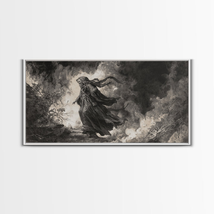 The Ash-Covered Oracle, Baroque Witchcraft Art, Wide Panoramic Art, Gothic Horror Wall Art, Framed Canvas Print, Halloween Wall Art
