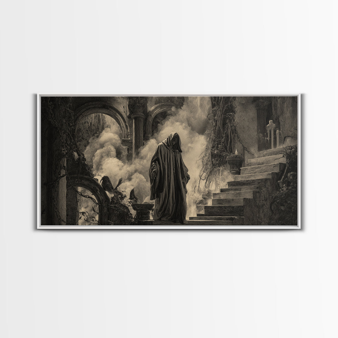 The Ash-Covered Oracle, Architectural Etching Art, Wide Panoramic Art, Dark Fantasy Wall Art, Framed Canvas Print
