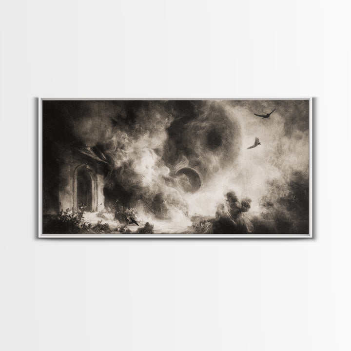 The Ash-Covered Oracle, Symbolist Dream Art, Wide Panoramic Art, Dark Halloween Decor, Framed Canvas Print, Halloween Wall Art