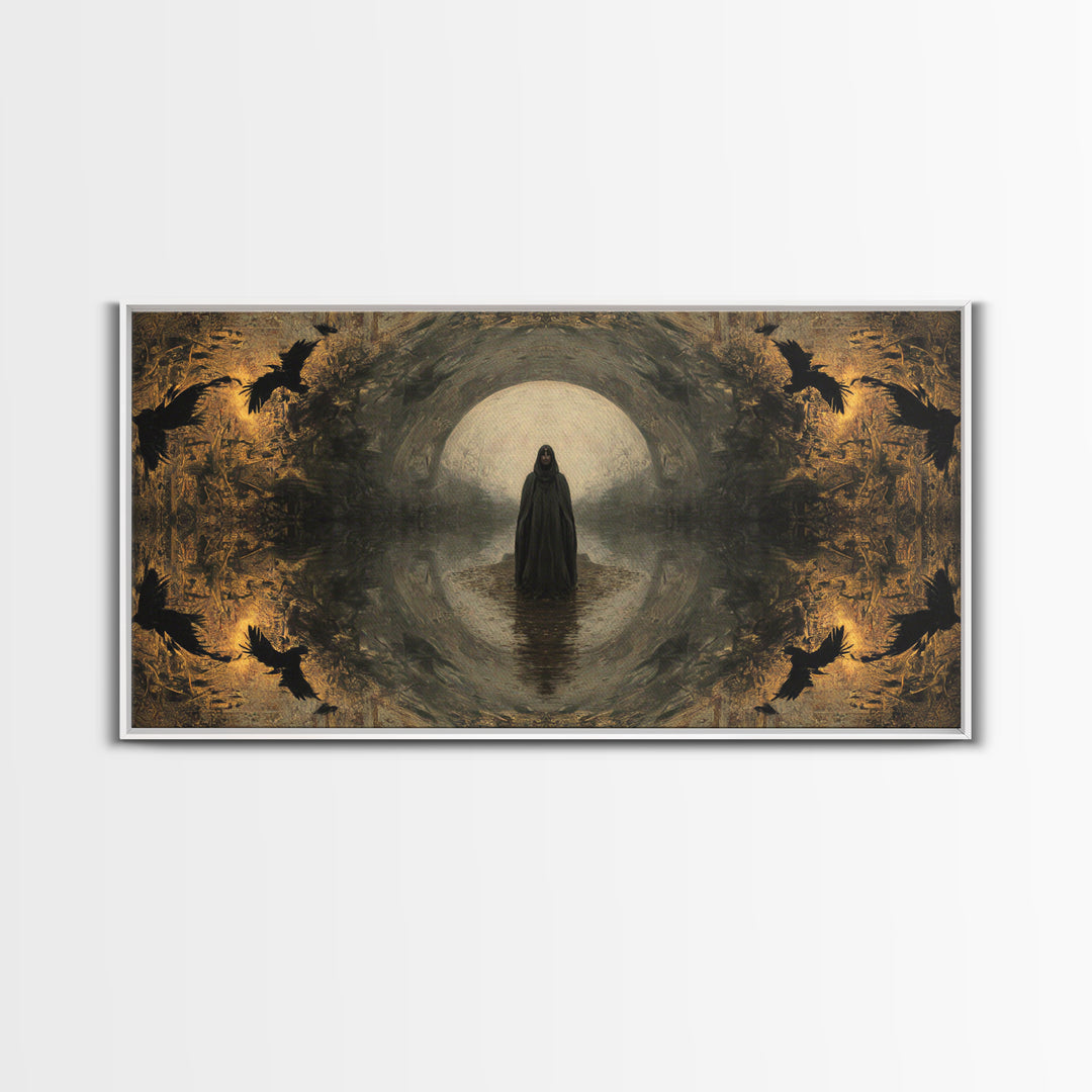 The Ash-Covered Oracle, Symbolist Gothic Landscape, Wide Panoramic Art, Dark Fantasy Wall Art, Canvas Print, Halloween Wall Art