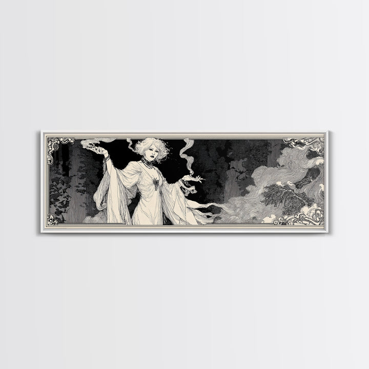 The Ash-Covered Oracle, Decadent Line Art, Extra Wide Wall Art, Gothic Horror Wall Art, Framed Canvas Print, Halloween Wall Art