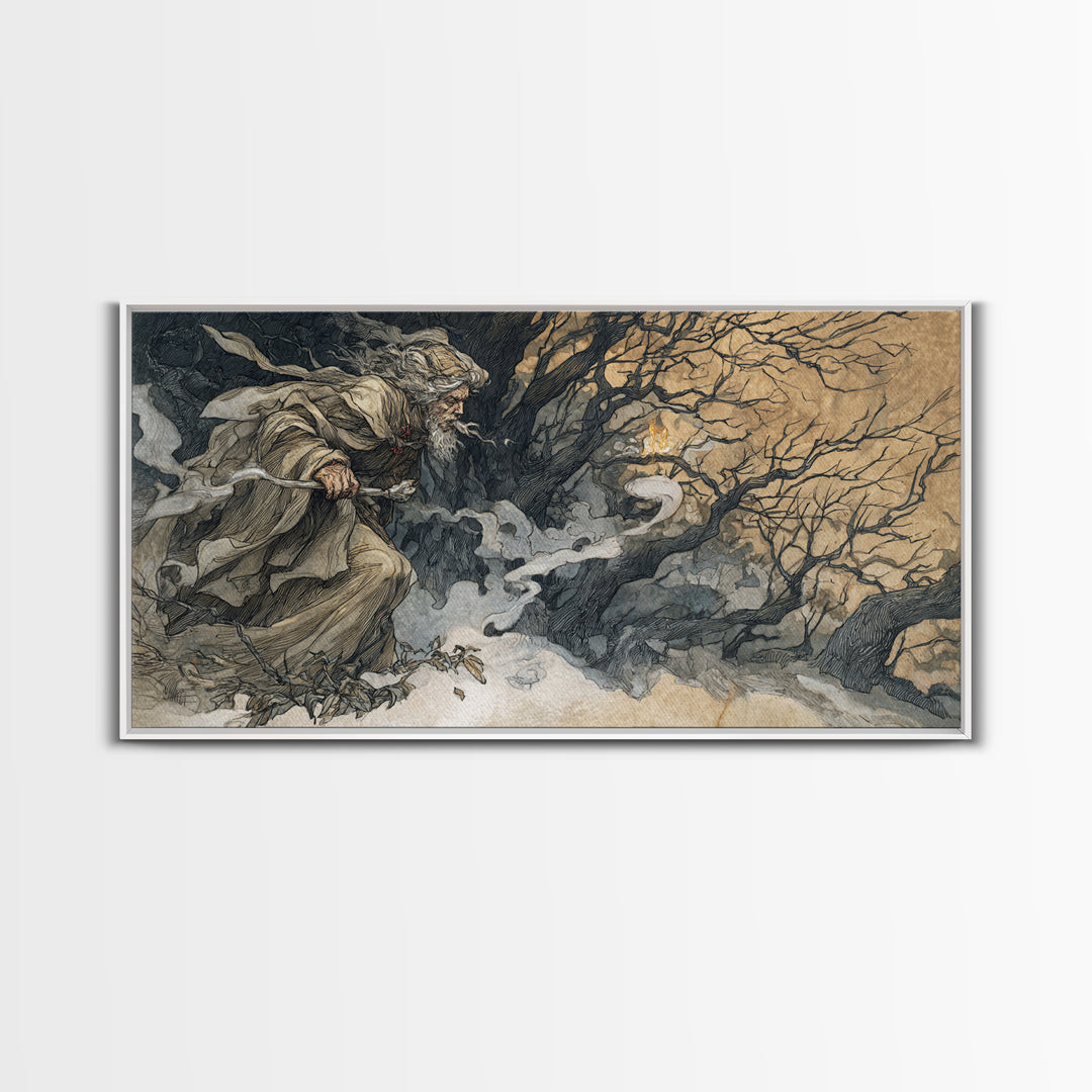 The Ash-Covered Oracle, Gothic Storybook Art, Wide Panoramic Art, Gothic Horror Wall Art, Framed Canvas Print, Halloween Wall Art