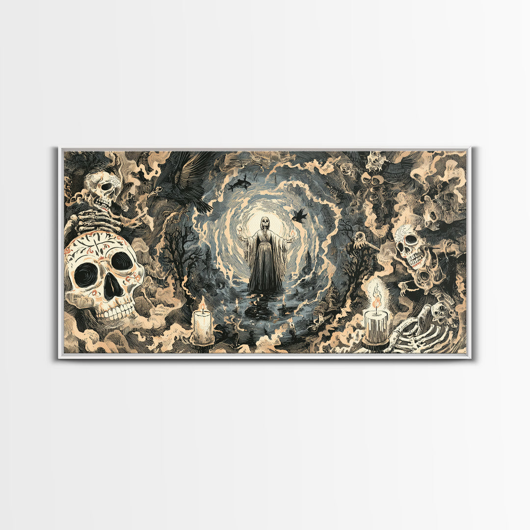 The Ash-Covered Oracle, Macabre Folk Print Art, Wide Panoramic Art, Gothic Horror Wall Art, Canvas Print, Halloween Wall Art