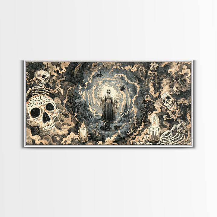 The Ash-Covered Oracle, Macabre Folk Print Art, Wide Panoramic Art, Gothic Horror Wall Art, Canvas Print, Halloween Wall Art