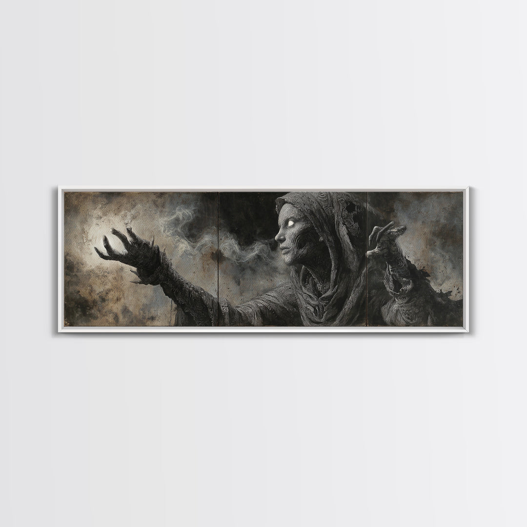 The Ash-Covered Oracle, Biomechanical Horror Art, Extra Wide Wall Art, Macabre Wall Art, Framed Canvas Print, Halloween Wall Art