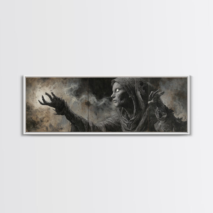 The Ash-Covered Oracle, Biomechanical Horror Art, Extra Wide Wall Art, Macabre Wall Art, Framed Canvas Print, Halloween Wall Art